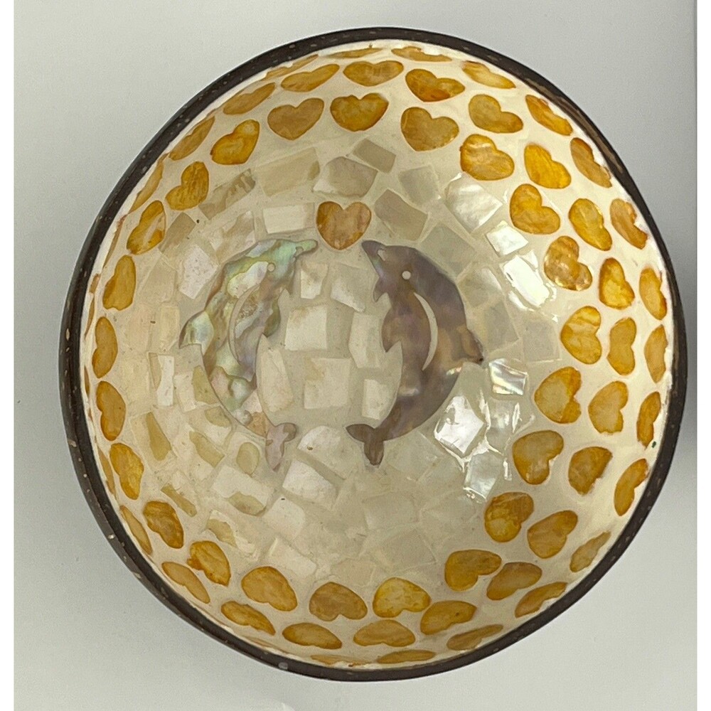 Coconut Shell Bowl Dolphin Gold‎ Hearts Mother of Pearl Handcrafted Trinket Dish
